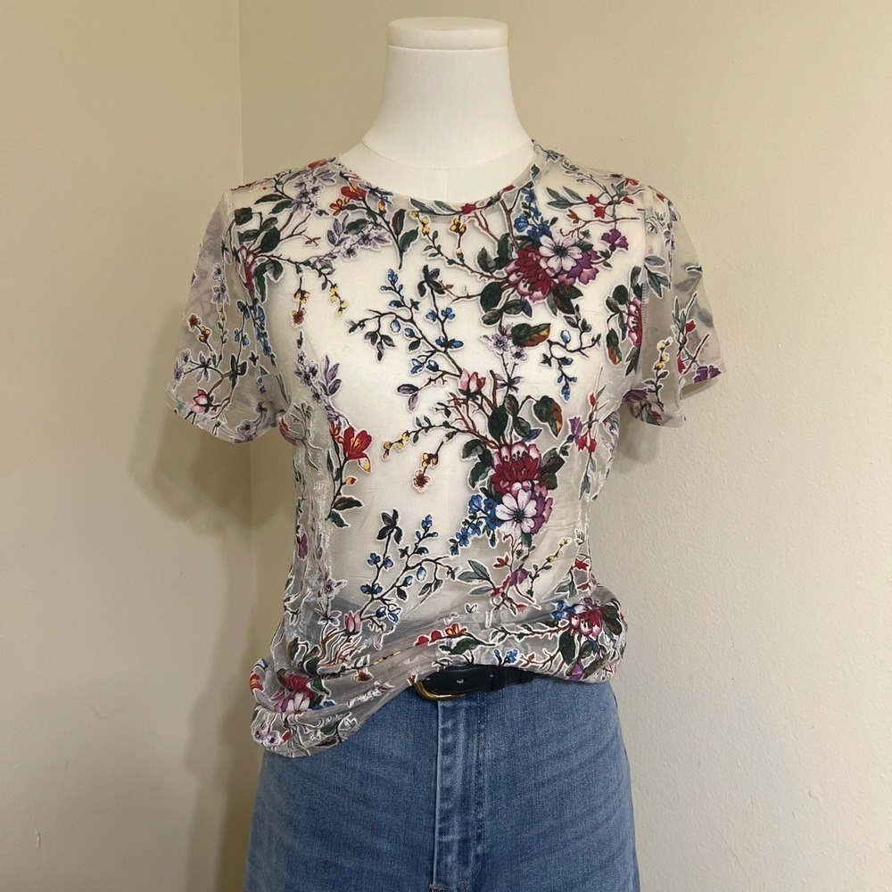 A New Day Women Floral Burnout Velvet Sheer Mesh Short Sleeve Top Medium